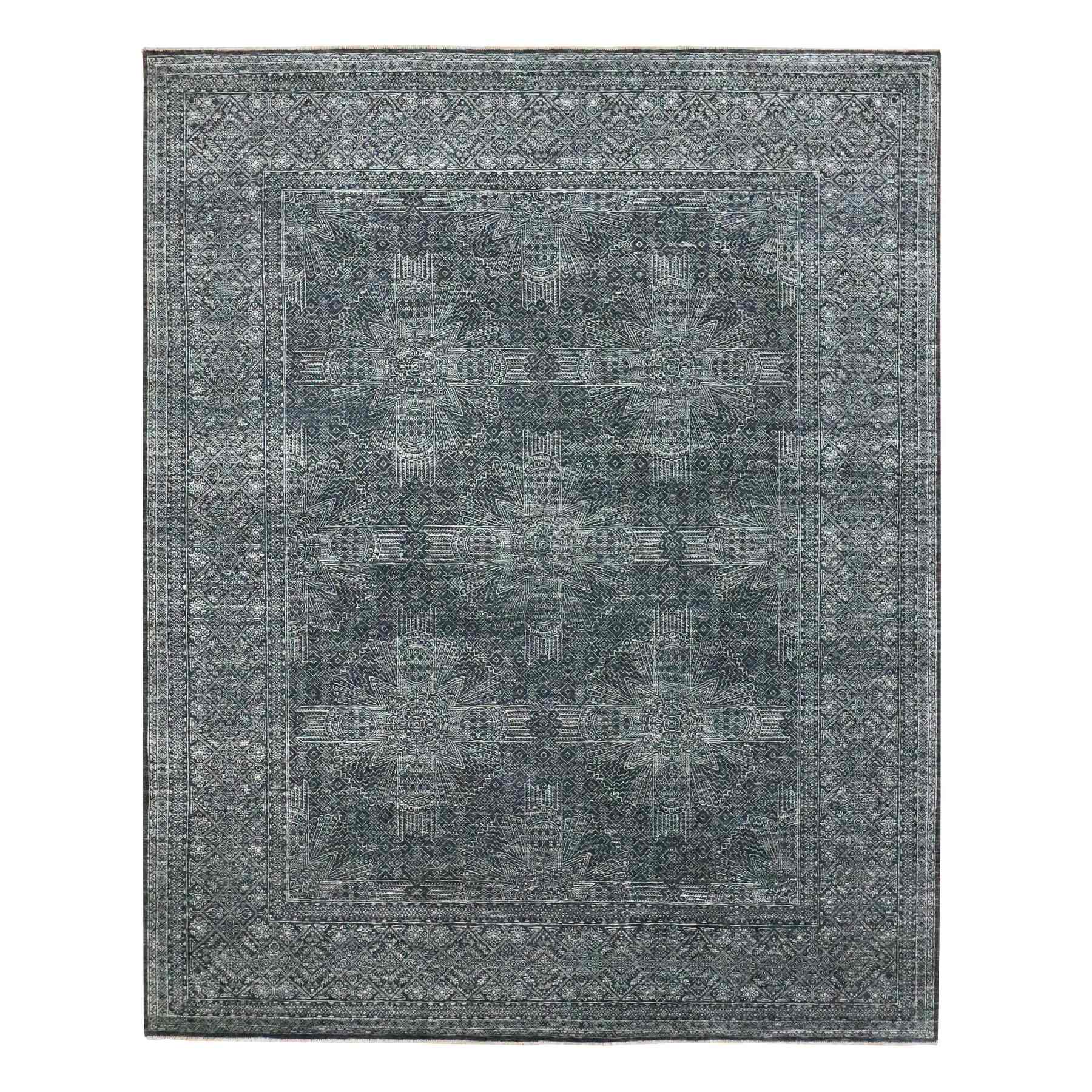 8'2"x10'2" Charcoal Black, Tone on Tone, Wool and Silk with Intricate Star Design, Hand Knotted, Oriental Rug 